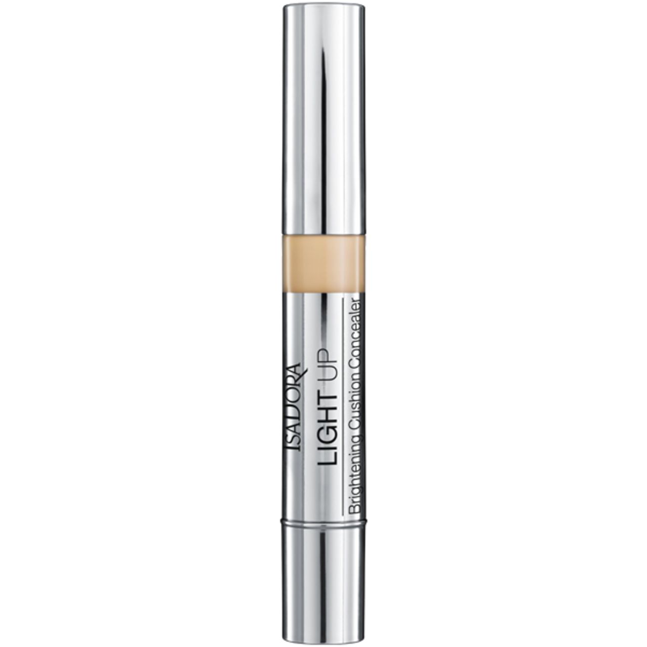 IsaDora Light Up Brightening Cushion Concealer. Silberfarbener Stift mit Produkt und Schriftzug. Aufschrift: IsaDora, Light Up, Brightening Cushion Concealer.
