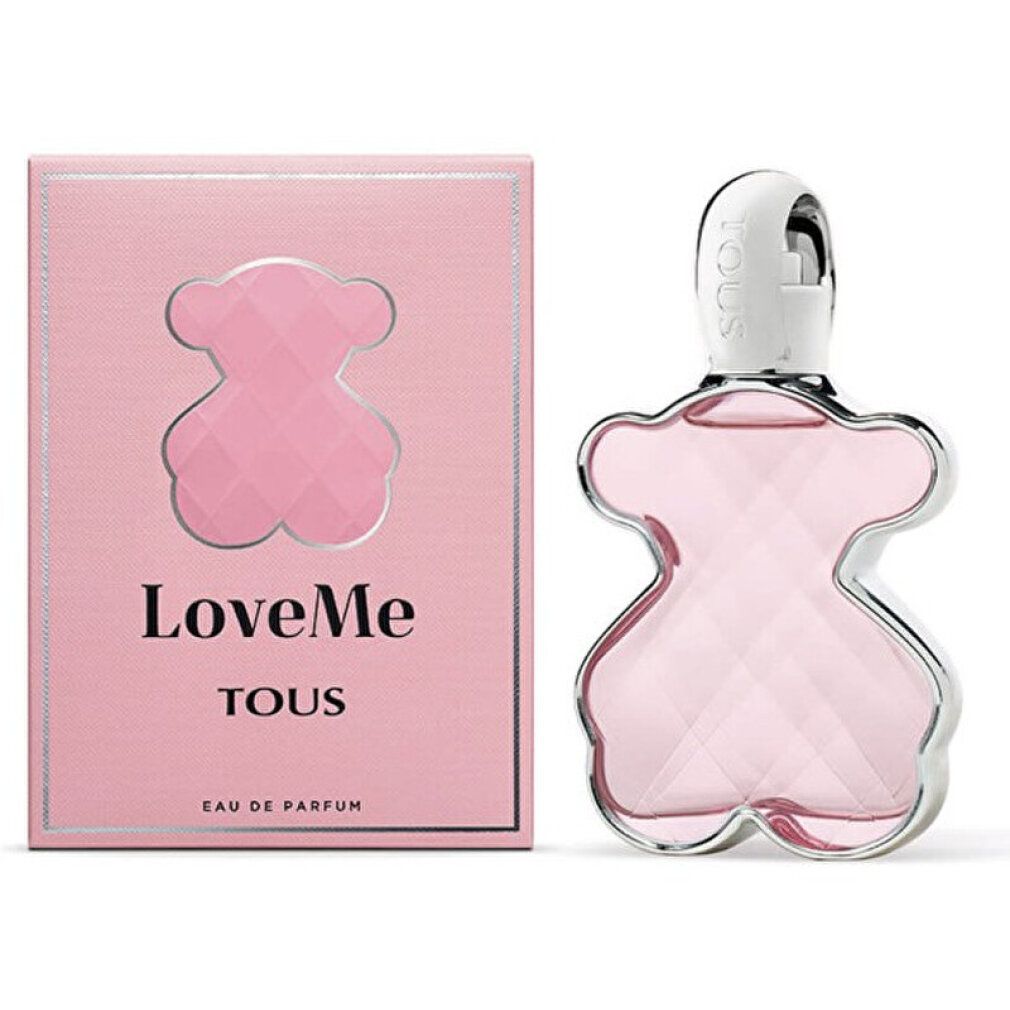 Rosa Eau de Parfum Flakon in Bärenform neben rosa Schachtel. Auf der Schachtel steht "LoveMe TOUS Eau de Parfum".