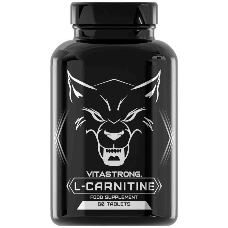 Schwarze Flasche mit Vitastrong L-Carnitin. Enthält 60 Tabletten. Wolf-Logo.