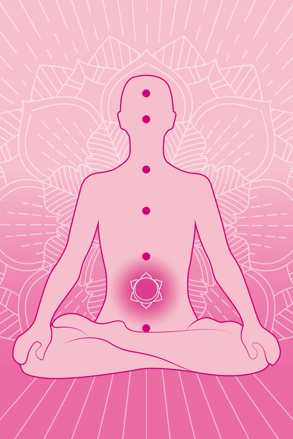 Rosa Illustration einer Person in Lotus-Position. Chakren-Punkte entlang der Wirbelsäule. Mandala-Hintergrund.