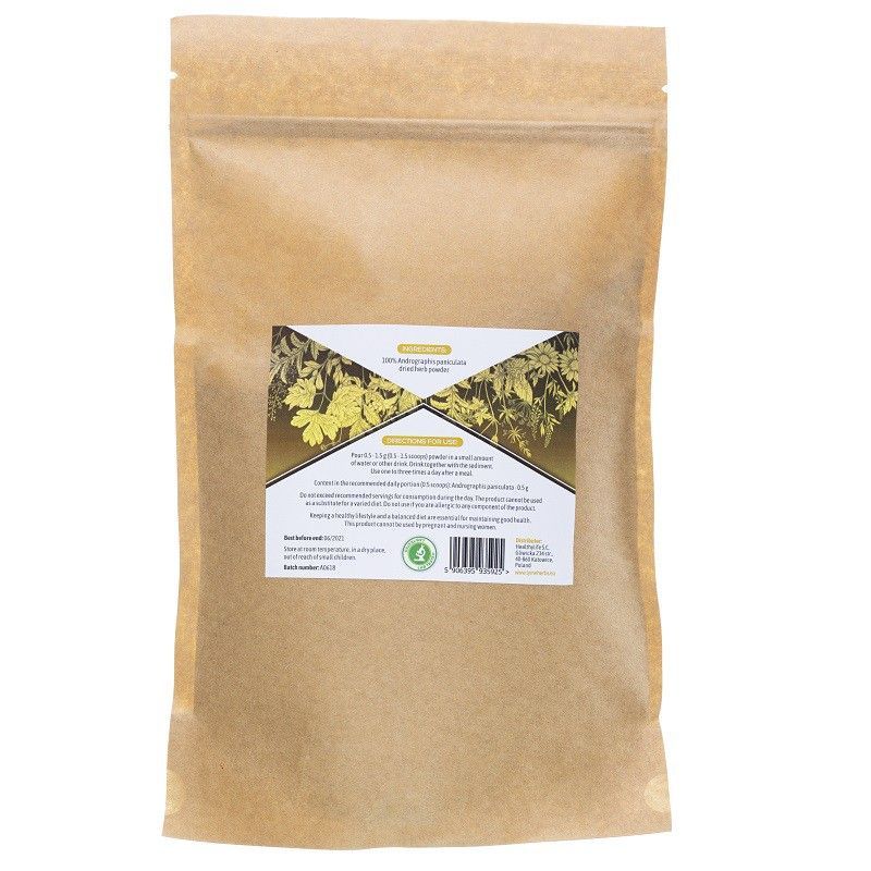 Brauner Beutel mit Etikett. Text: 'Lymeherbs Andrographis paniculata'. Rückseite mit Informationen.