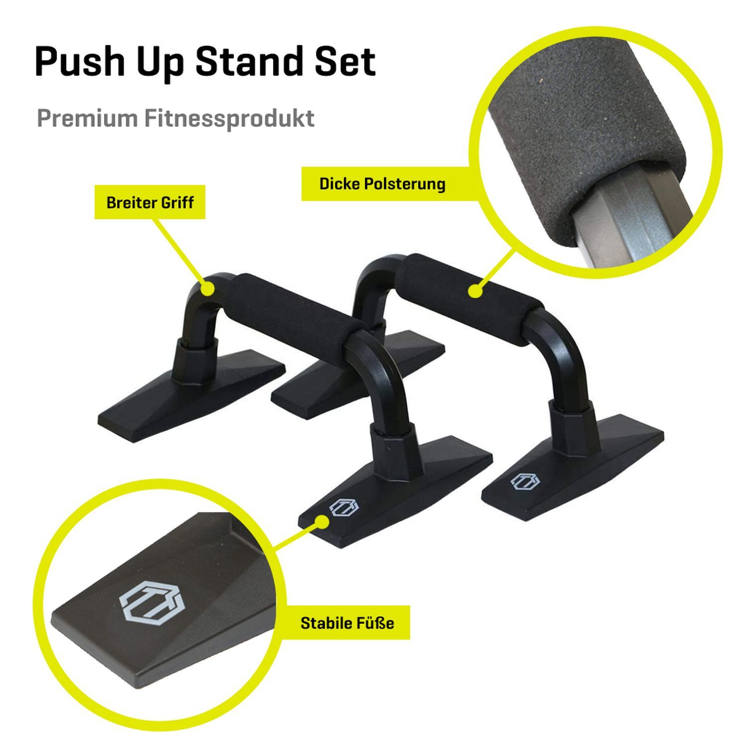 Zwei schwarze Push-up-Bars mit Hervorhebungen. Gepolsterter Griff, breiter Griff, stabile Füße und Logo sind markiert.