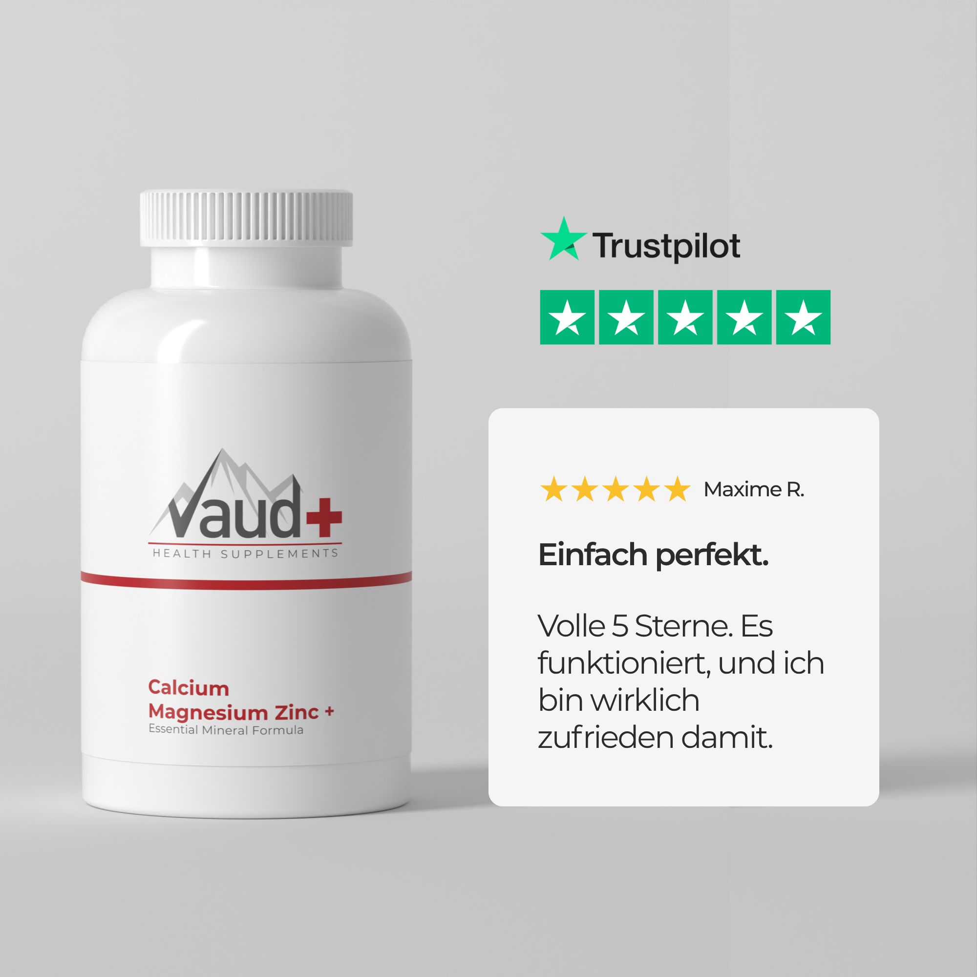 Weiße Flasche mit rotem Streifen. Vaud+ Logo und Schriftzug: Calcium Magnesium Zink +. Trustpilot Bewertung.