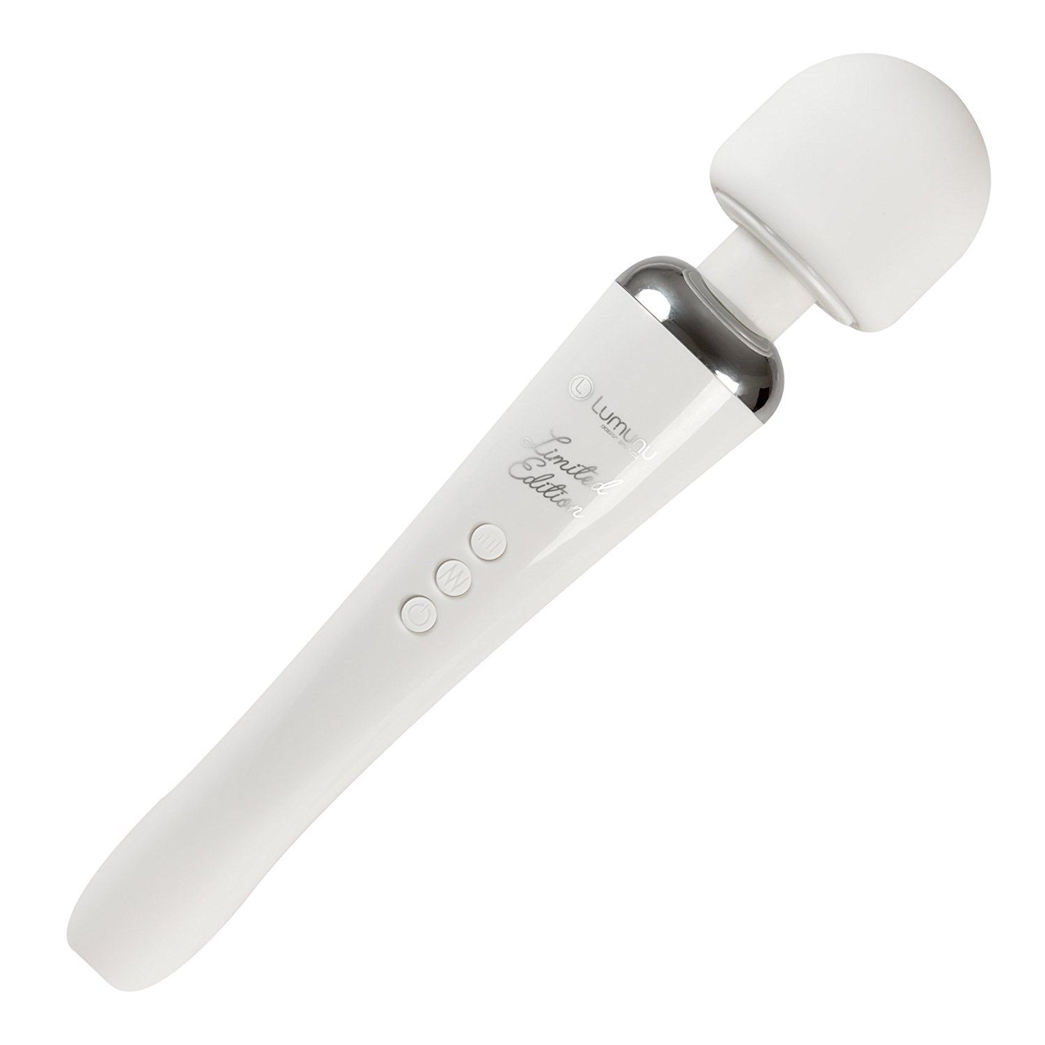 Weißer Massagestab mit abgerundetem Kopf und drei Knöpfen. Aufschrift: Lumunu Limited Edition.