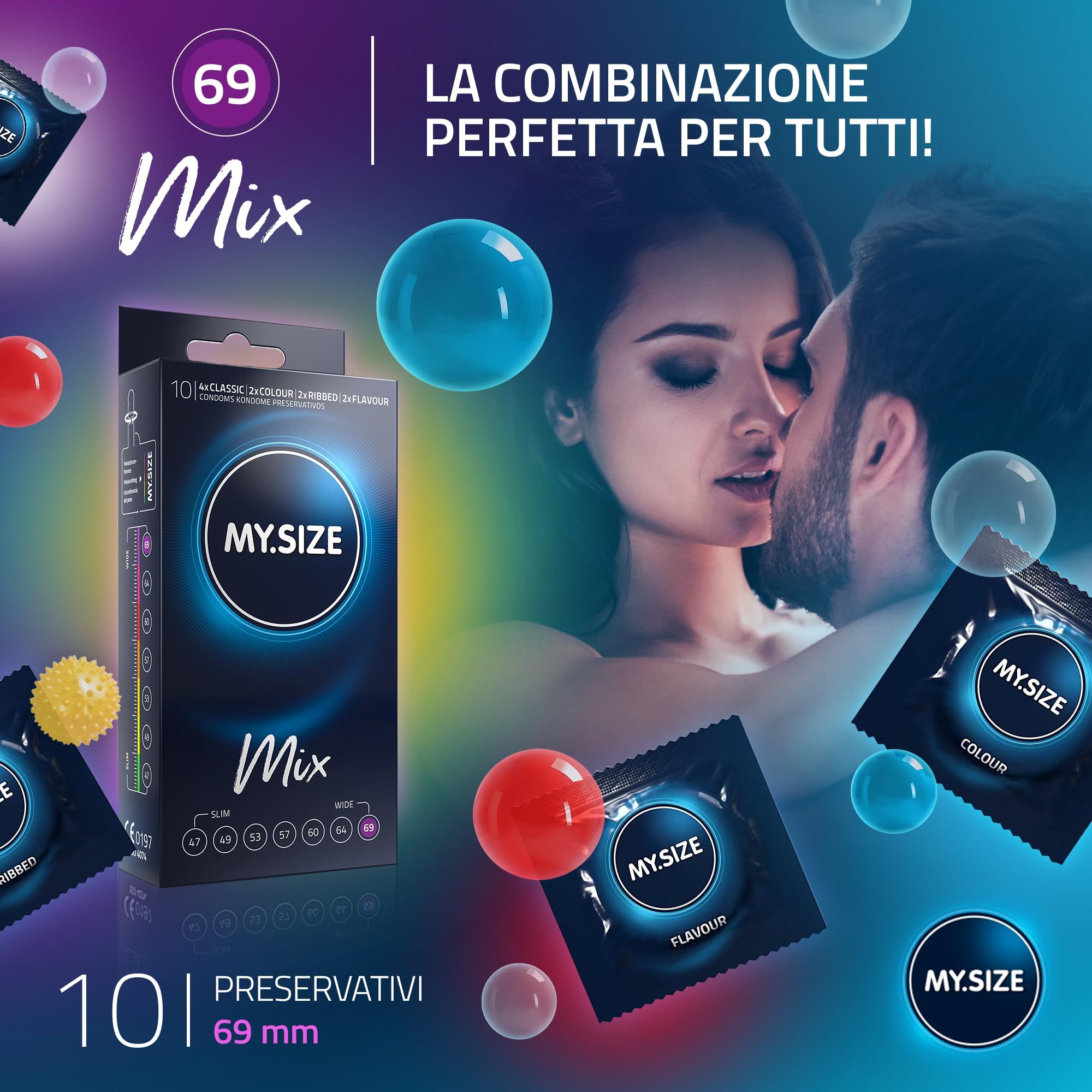 MY.SIZE Mix Kondome 69mm: Box, Einzelpackungen (Classic, Colour, Flavour, Ribbed) und ein Paar.