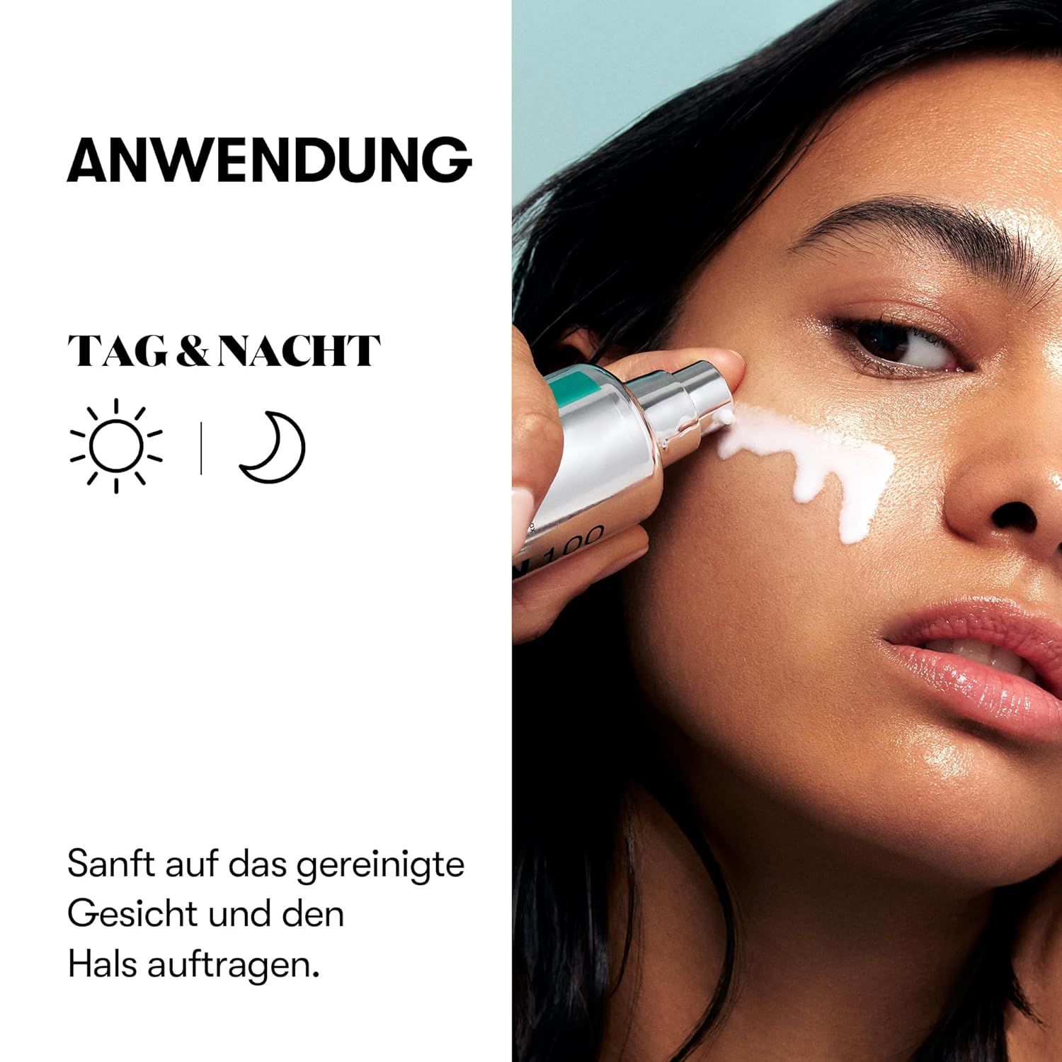 Person trägt Produkt auf Gesicht auf. Text: ANWENDUNG, TAG & NACHT. Sonne und Mond-Symbol. Flasche mit weißer Flüssigkeit.