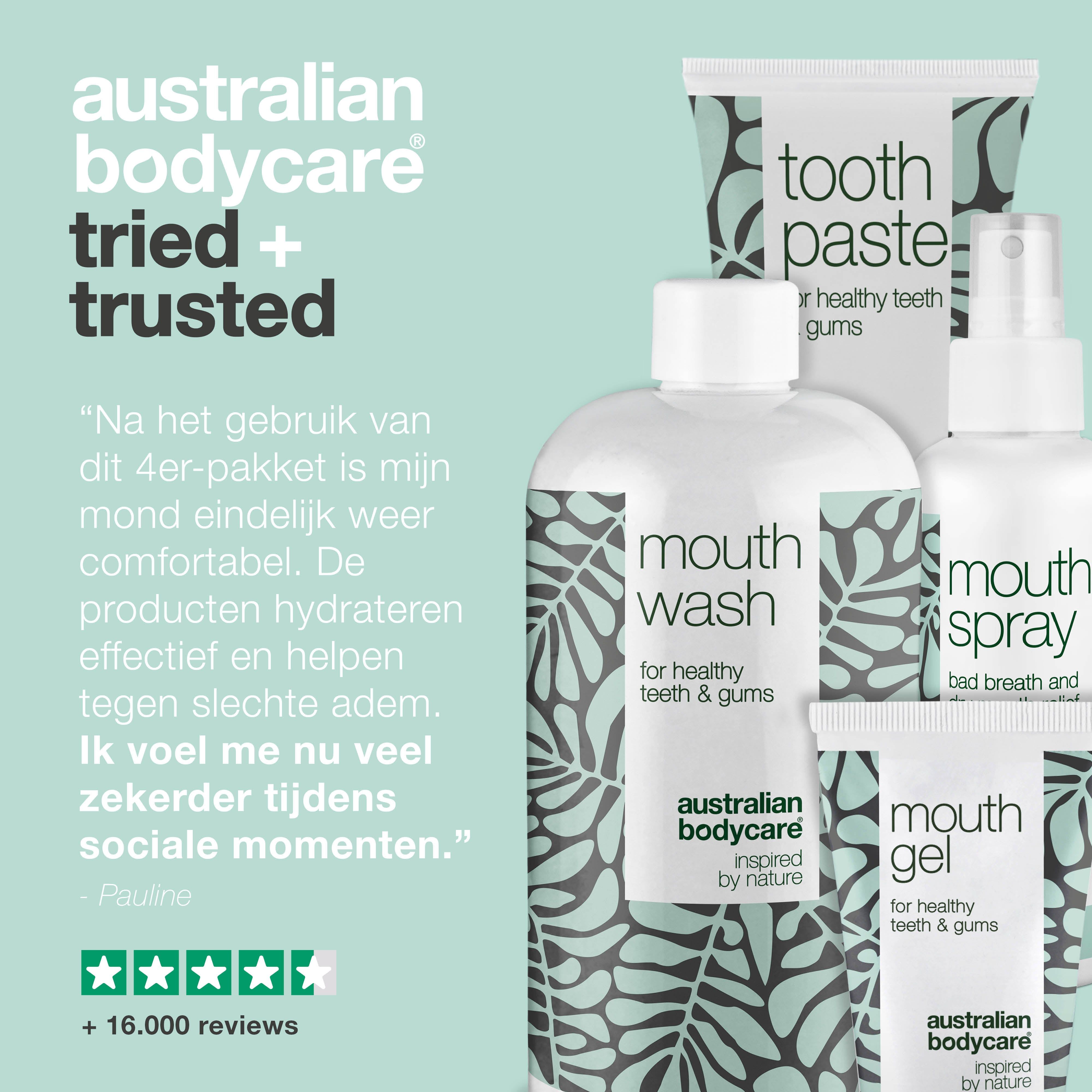 Grafiek met mondverzorgingsproducten. Tekst: Australian Bodycare, tried + trusted. Citaat en sterrenbeoordeling.