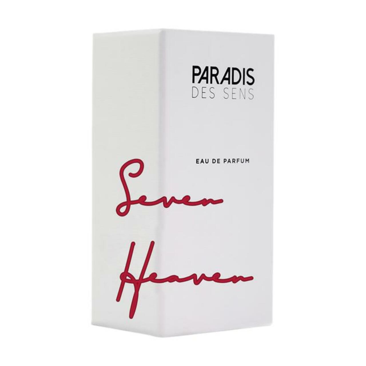 Weiße rechteckige Verpackung. Text: PARADIS DES SENS, Seven Heaven, Eau de Parfum.