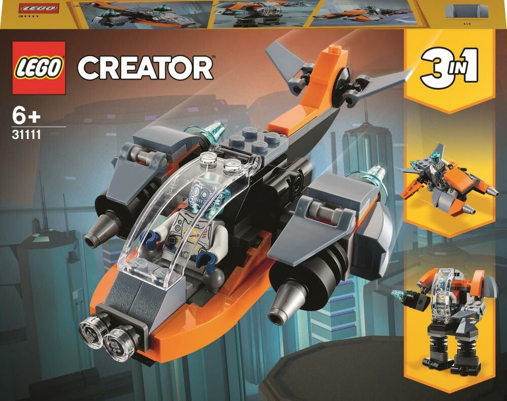 LEGO Creator Cyber-Drone. La confezione mostra un modello di aereo arancione e grigio con cabina di pilotaggio trasparente. Il set è per bambini dai 6 anni in su e offre modelli 3 in 1. Sulla confezione sono raffigurati anche un robot e un aereo più piccolo.