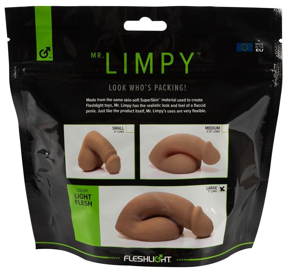 Verpackung mit Produktabbildungen. Text: Mr. Limpy, Look Who's Packing! Produkt in verschiedenen Größen und Farben.