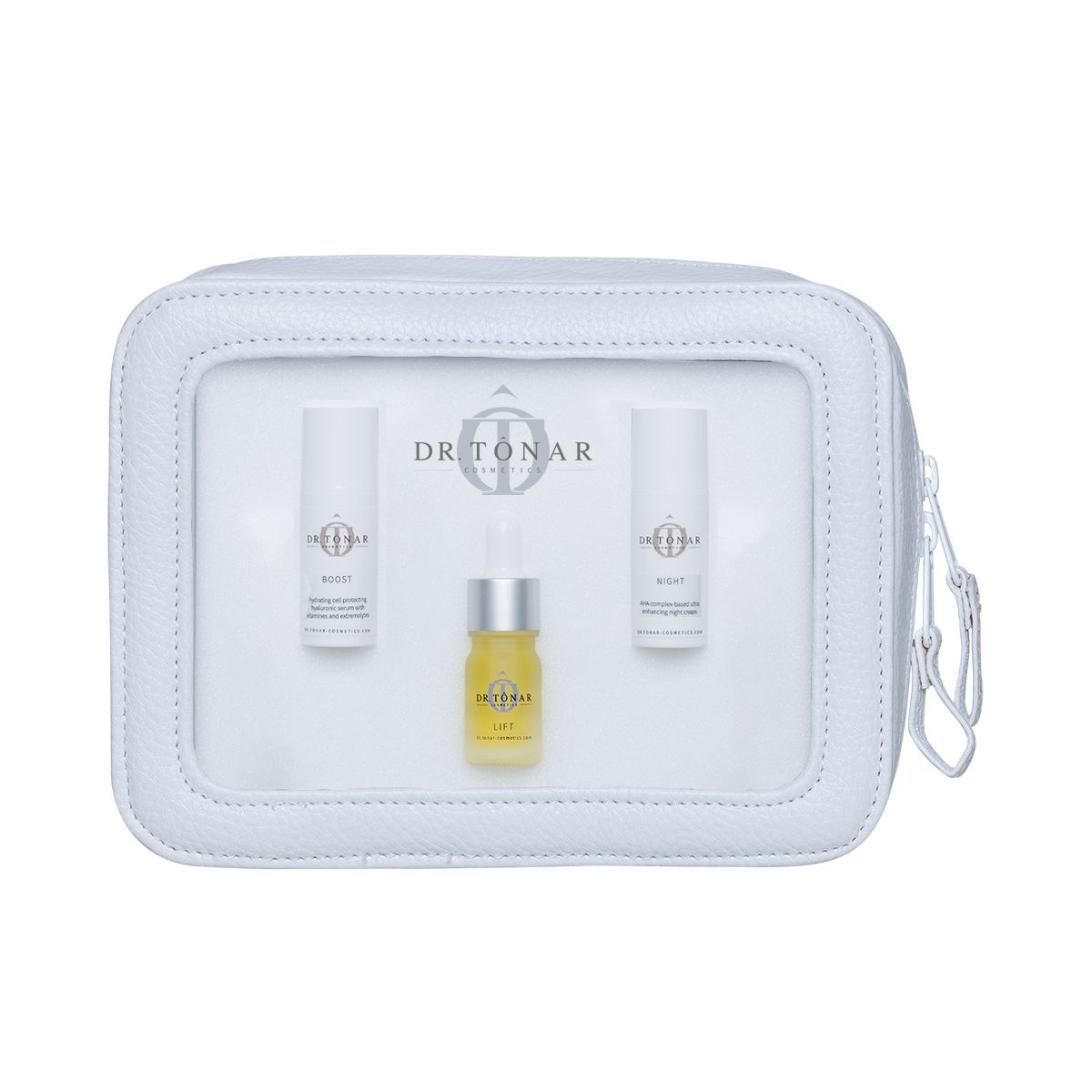 Kosmetiktasche mit drei Produkten von Dr. Tonar Cosmetics. Enthält zwei weiße Flaschen mit "Boost" und eine kleine gelbe Flasche mit "Lift".