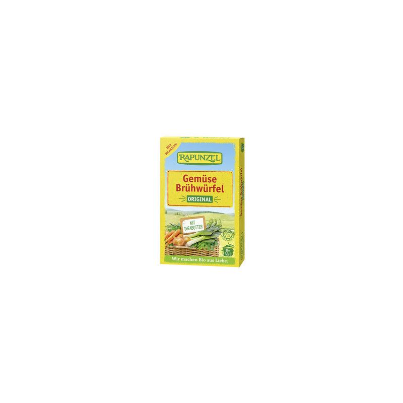 Gelbe Verpackung mit "RAPUNZEL Gemüse Brühwürfel". Abbildung von Gemüse. Bio-Siegel.