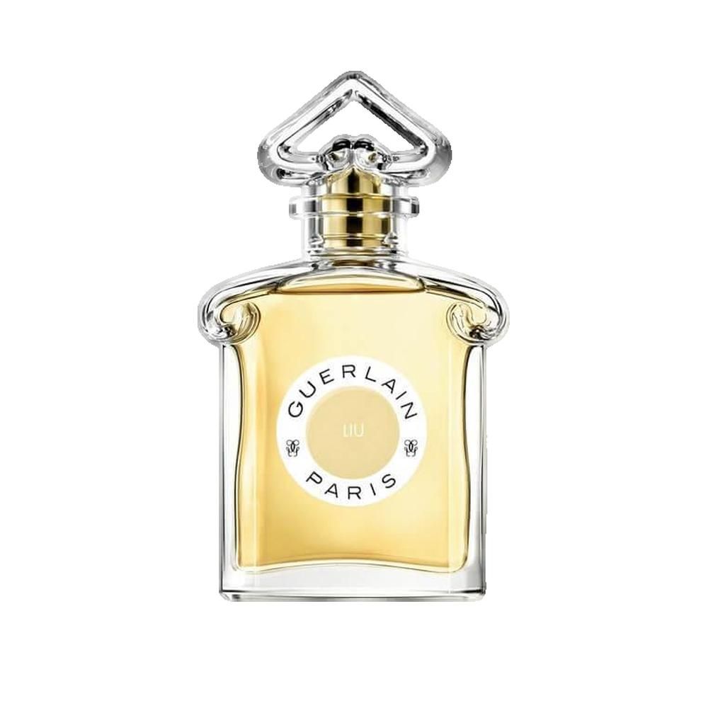 Parfümflakon mit goldfarbenem Verschluss und Aufschrift "Guerlain Paris Liu".