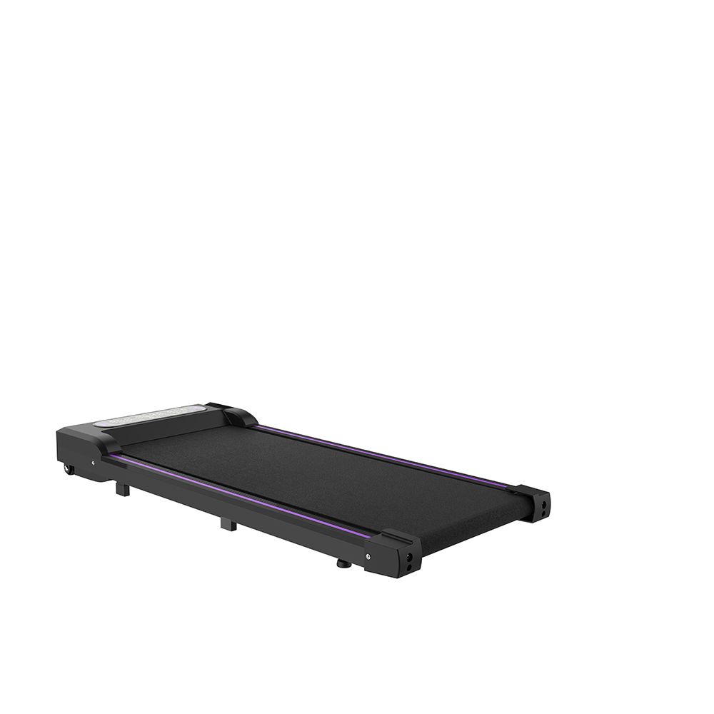 Zusammengeklapptes, schwarzes Laufband mit LED-Display. Flache Ansicht.