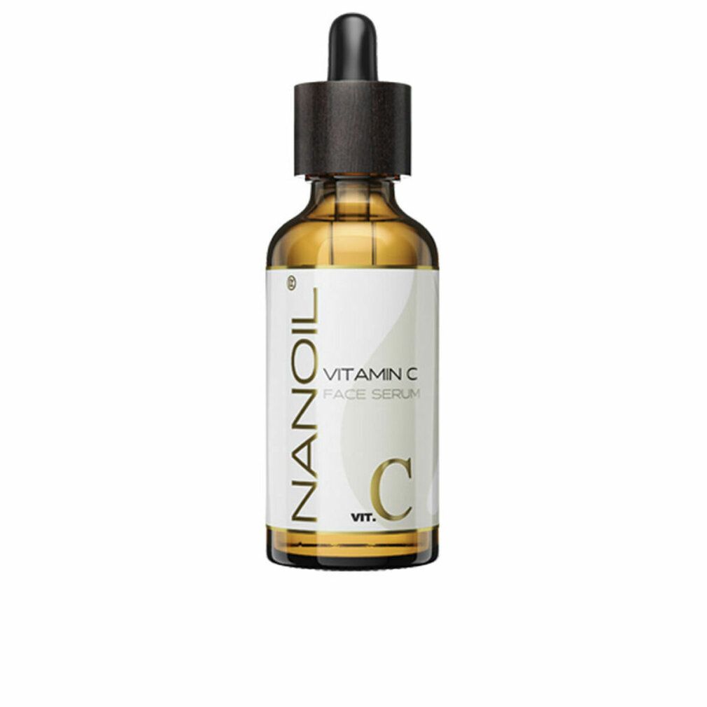 Braune Glasflasche mit Pipette. Aufschrift: Nanoil Vitamin C Face Serum. Weißes Etikett.