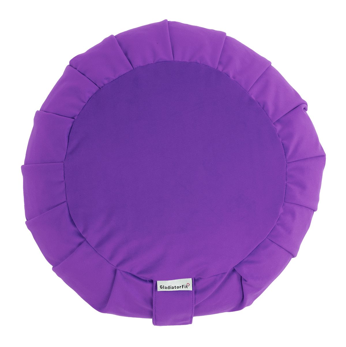Rundes, violettes Meditationskissen, Draufsicht. Mit Falten und Trageschlaufe. Label "GladiatorFit".