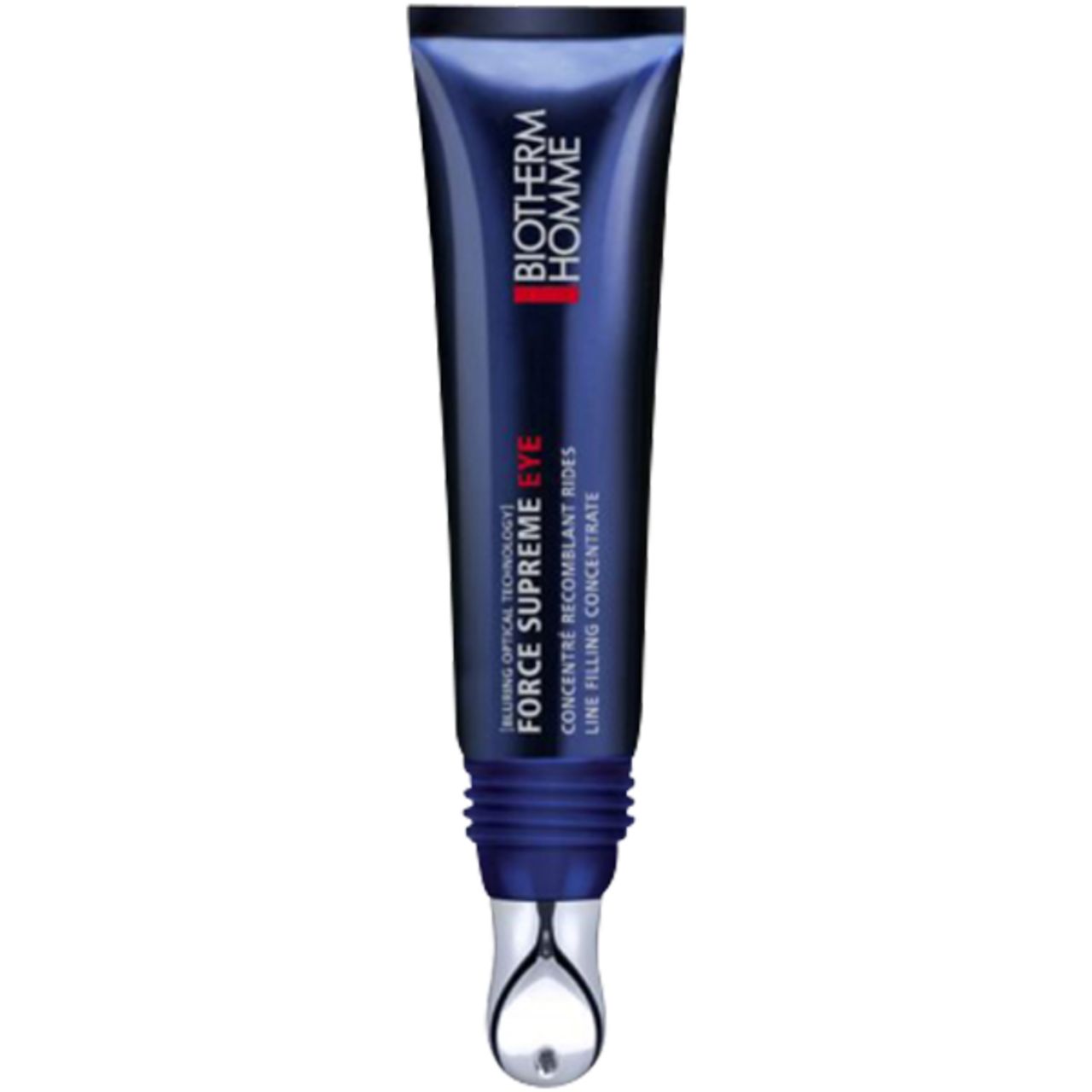 Dunkelblaue Tube mit silbernem Applikator. Text: BIOTHERM HOMME, FORCE SUPREME EYE.