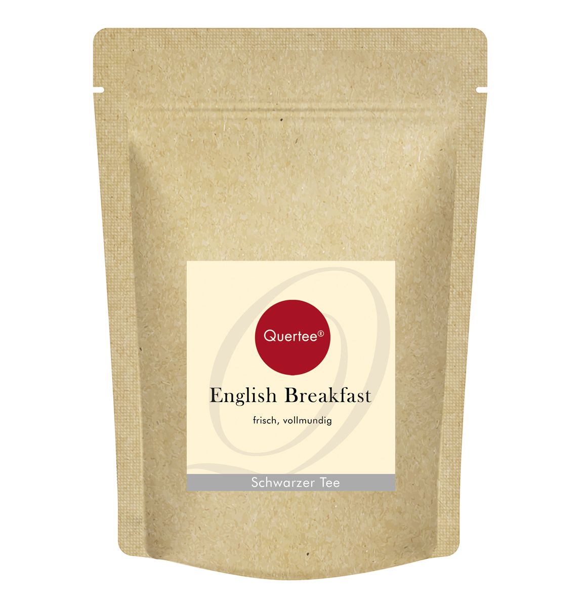 Beutel mit Quertee English Breakfast. Aufdruck mit Logo, Produktname und Schwarzer Tee. Beige Verpackung.