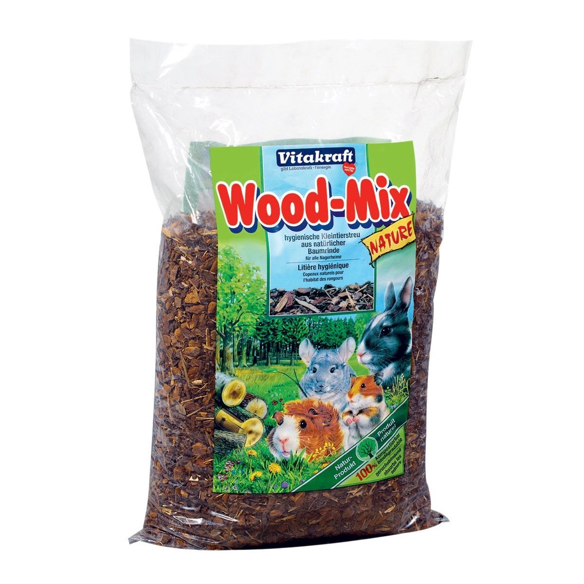 Beutel mit Einstreu für Nager. Aufdruck: Vitakraft Wood-Mix Nature. Abbildung von Tieren.