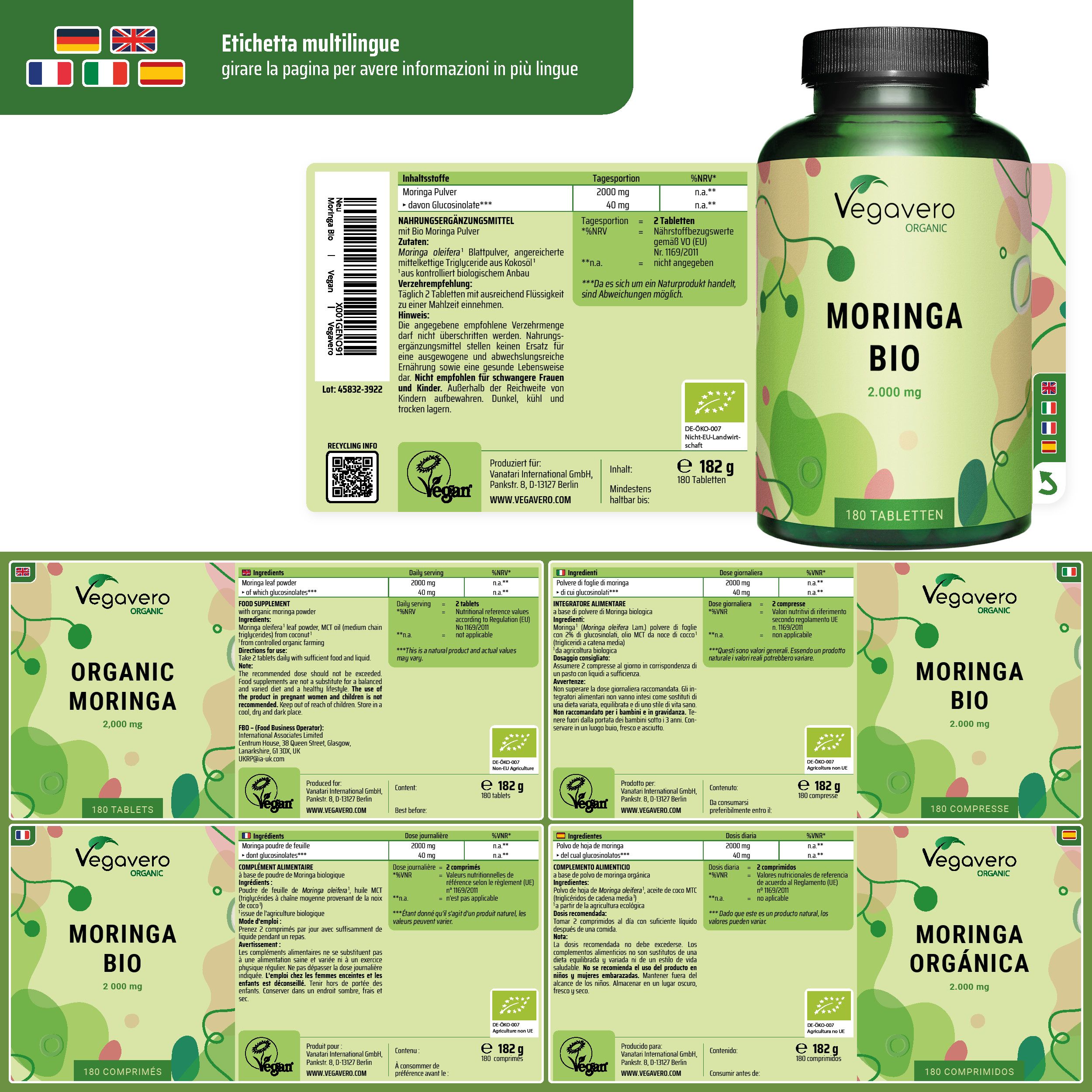 Mehrsprachiges Etikett mit Informationen in verschiedenen Sprachen. Flasche mit Moringa BIO, 180 Tabletten. Vegavaro Organic.