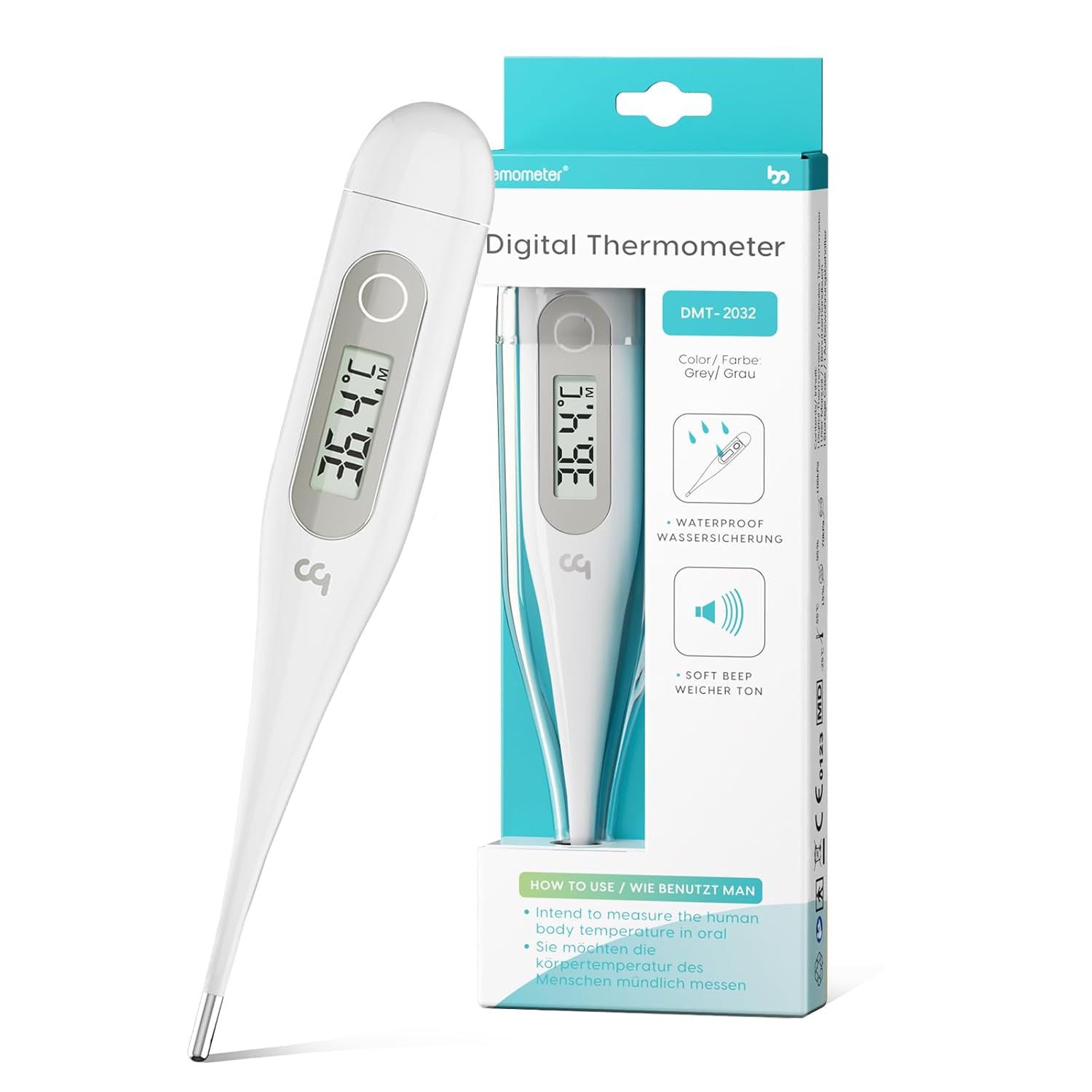 Digitales Thermometer in Verpackung. Weißes Thermometer mit Display, zeigt 36,4°C. Verpackung mit Produktinformationen.