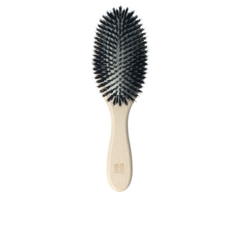 Haarbürste mit ovalem Bürstenkopf und Holzgriff. Schwarze Borsten. Griff mit Marlies Möller Logo.