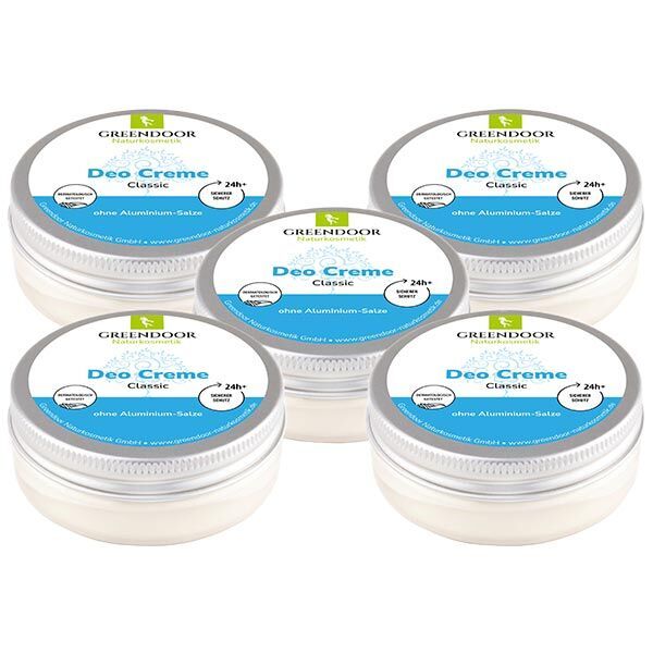 Fünf Dosen GREENDOOR Deo Creme Classic, Aluminium-frei, 24h Schutz.