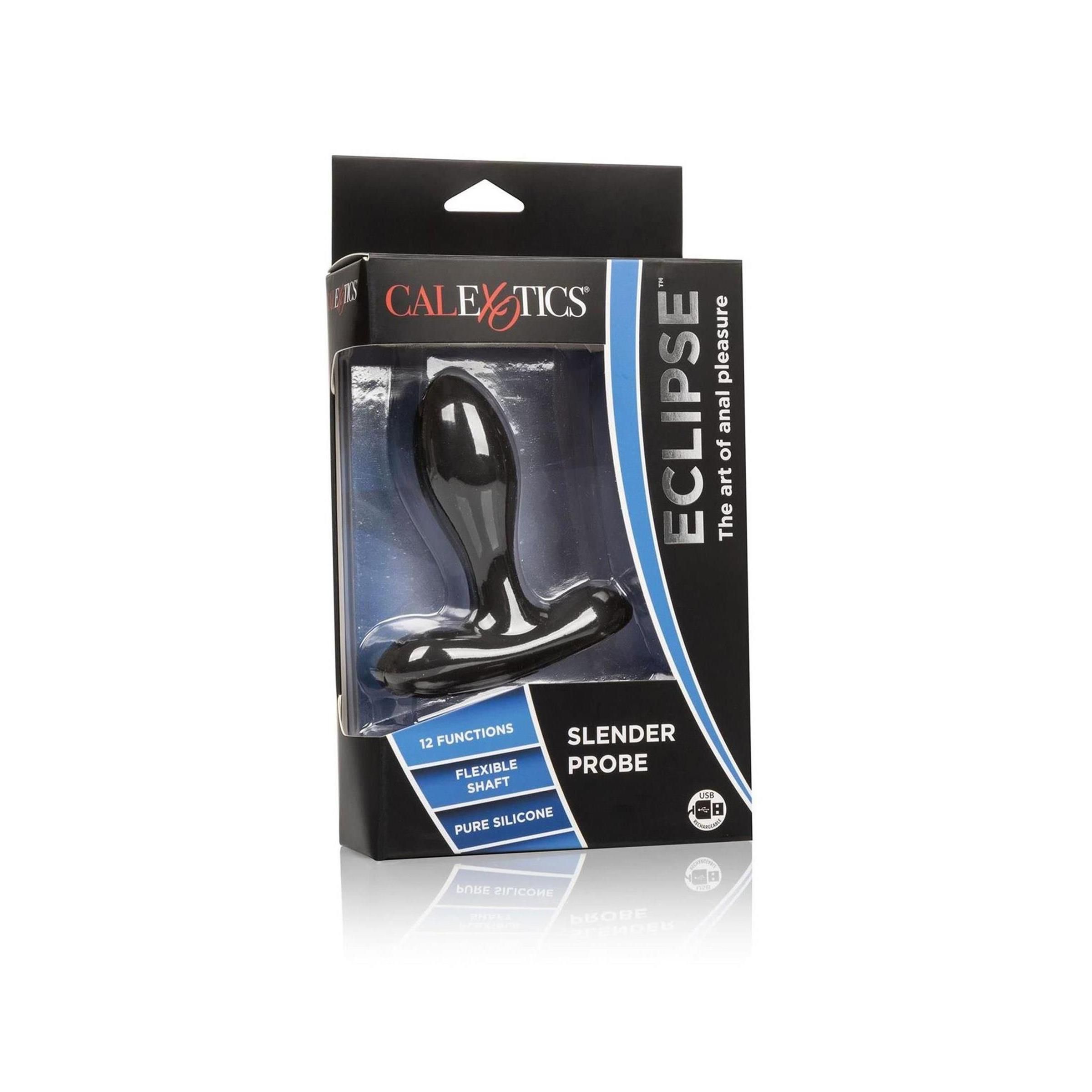 Schwarzer, ergonomisch geformter Anal-Probe in Verpackung. Produktname: Eclipse Slender Probe. Verpackung mit Produktinformationen und Logo.
