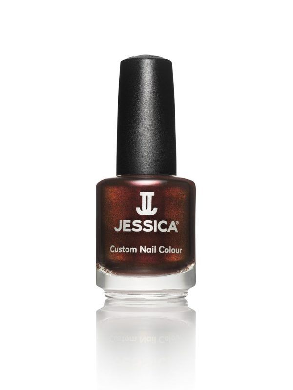 Nagellackflasche mit braunem Inhalt. Schwarzer Deckel. Aufschrift: JESSICA Custom Nail Colour.