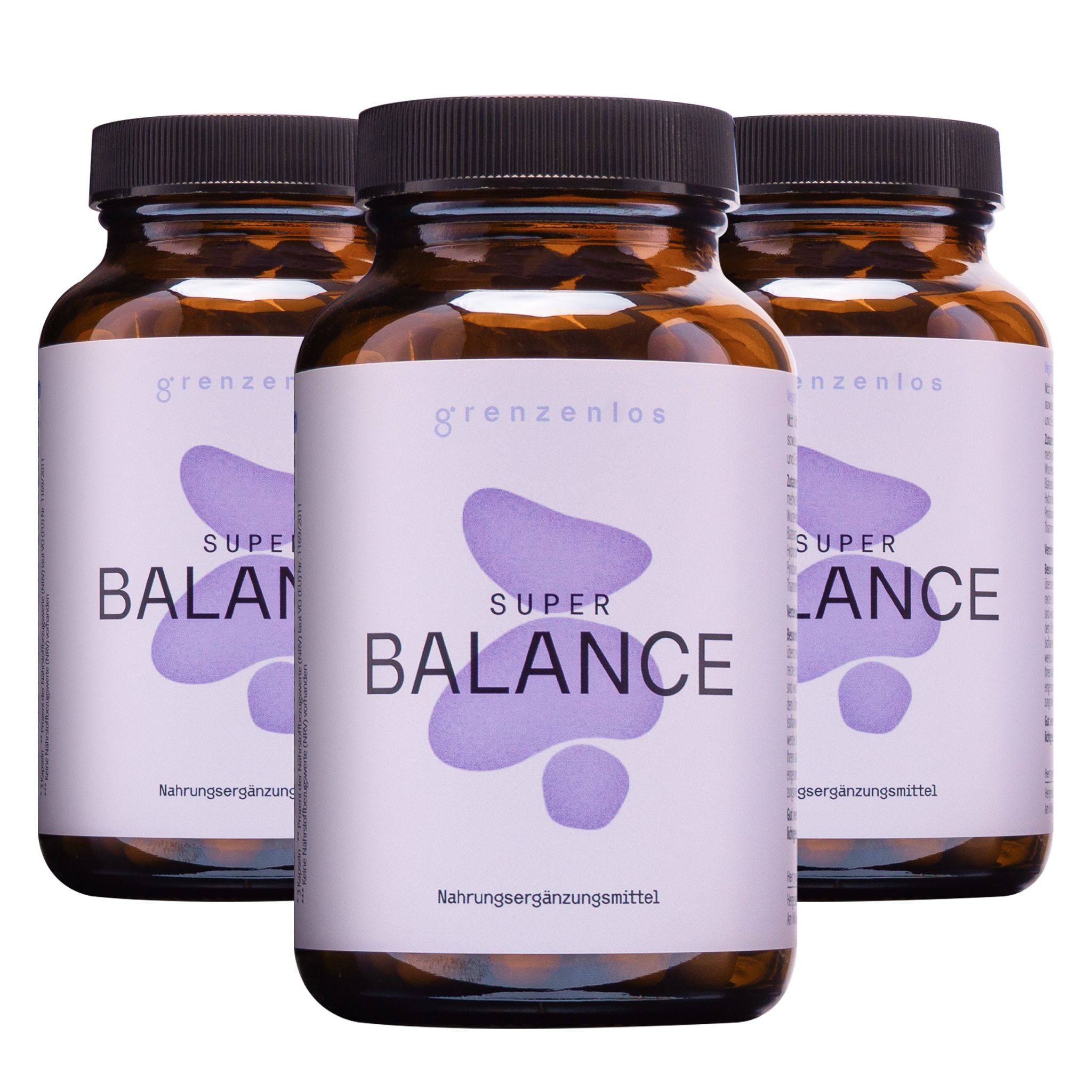 Drei Braunglasflaschen mit Etikett "grenzenlos SUPER BALANCE". Nahrungsergänzungsmittel.