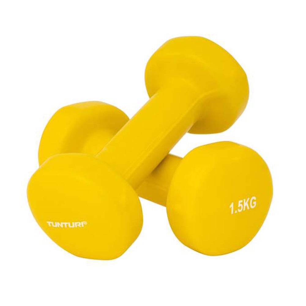 Gelbe Kurzhantel. Auf einer Seite steht "TUNTURI", auf der anderen "1.5KG".