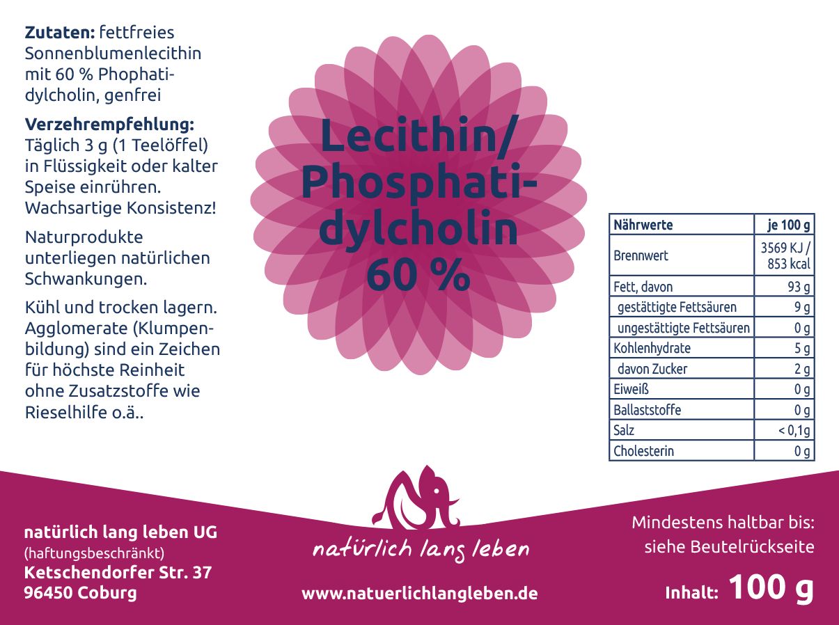 Lecithin/Phosphatidylcholin 60% Pulver in einem Behälter mit Nährwertangaben und Anwendungshinweisen. Inhalt: 100g.