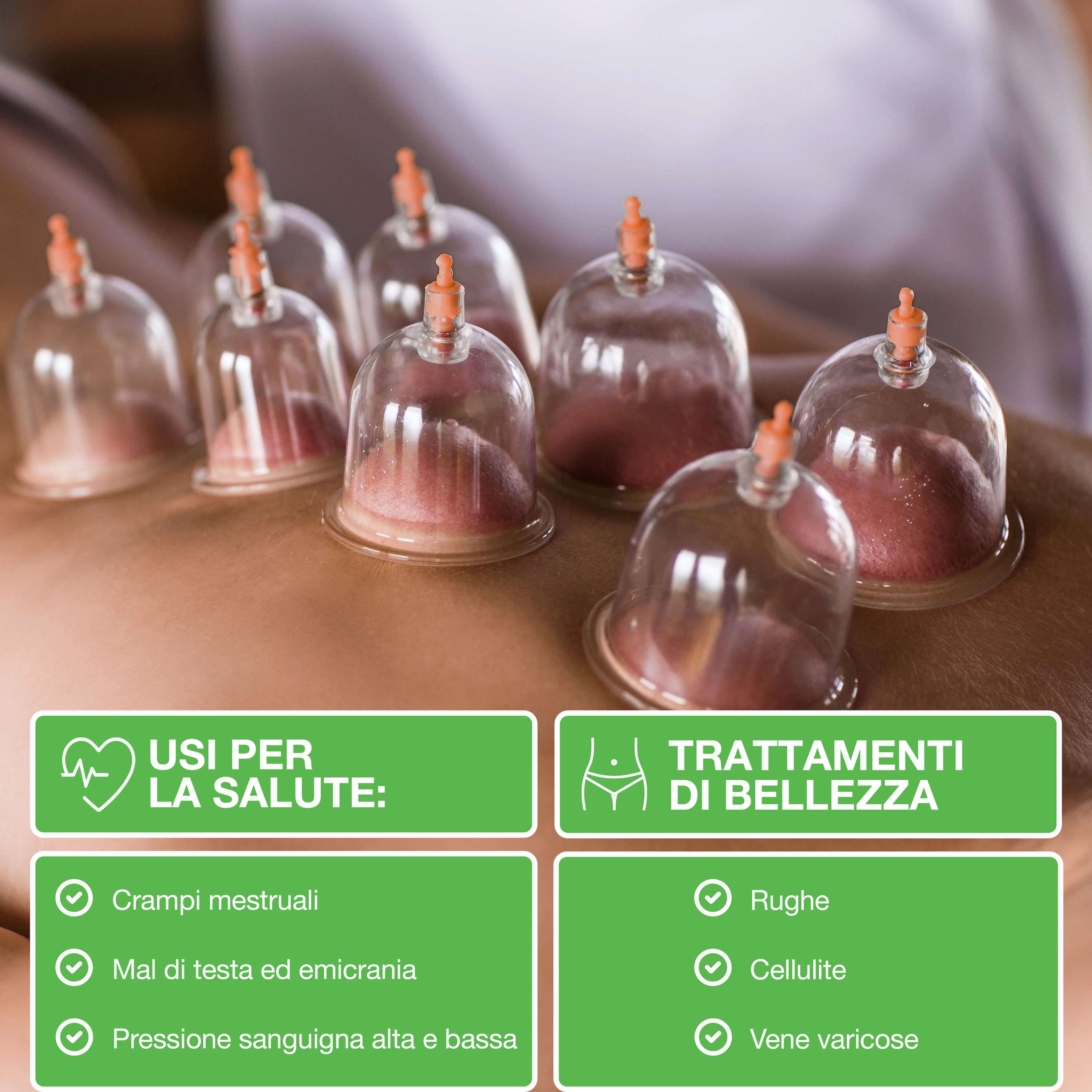 Persona con coppette sulla schiena. Testo: Applicazioni per la salute e la bellezza. Icone: disturbi mestruali, rughe, ecc.