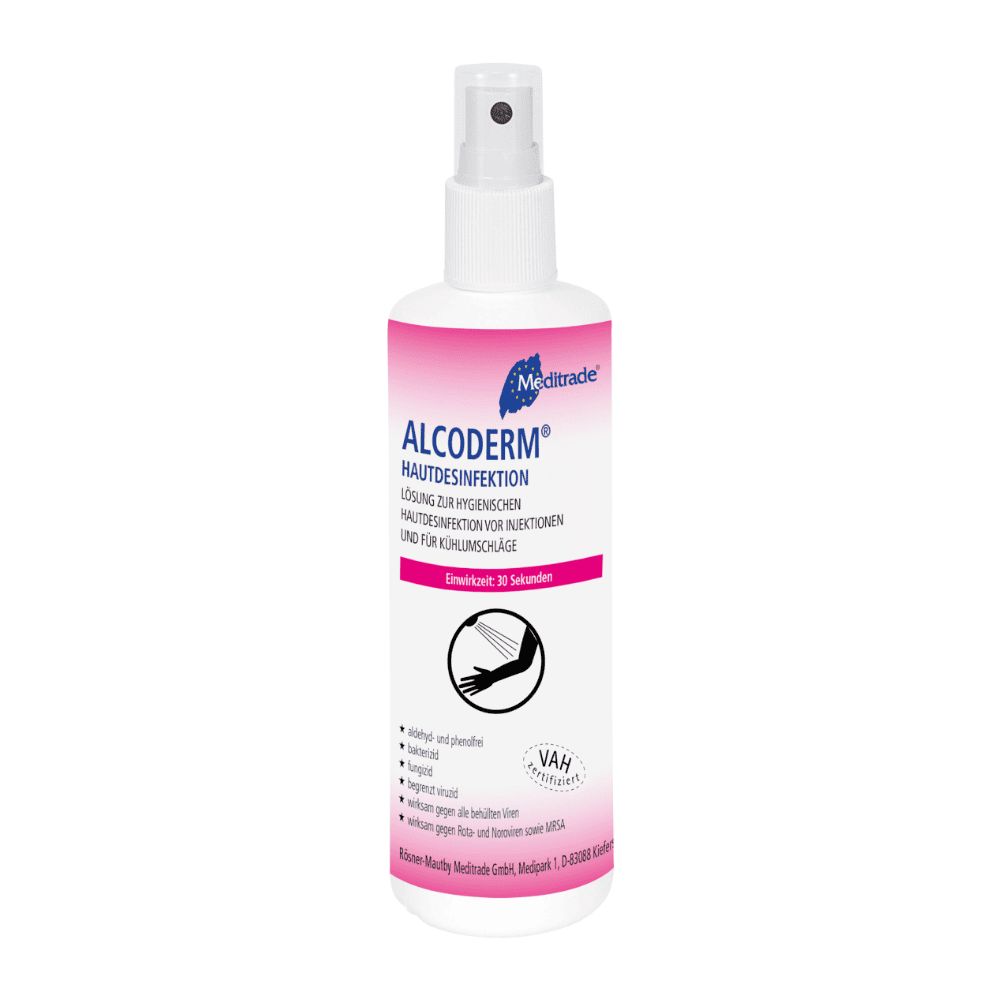 Weißes Spray mit rosa Etikett. Aufschrift: ALCODERM® Hautdesinfektion. VAH-Zertifizierung. Illustration: Arm mit Sprühnebel.