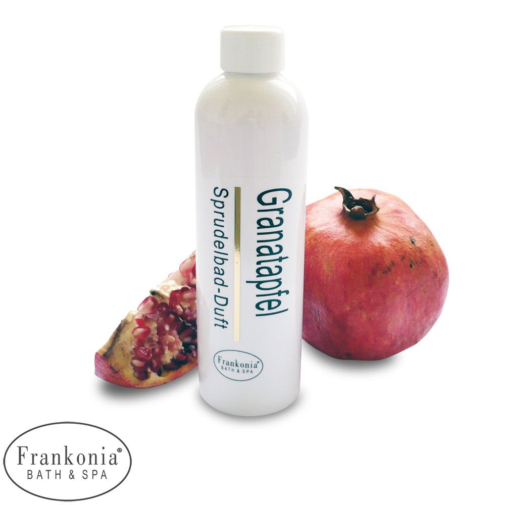 Flacon blanc de bain moussant Frankonia Bath & Spa "Grenade". À côté, une grenade entière et une tranche. Le produit est présenté dans un flacon blanc avec un bouchon blanc.