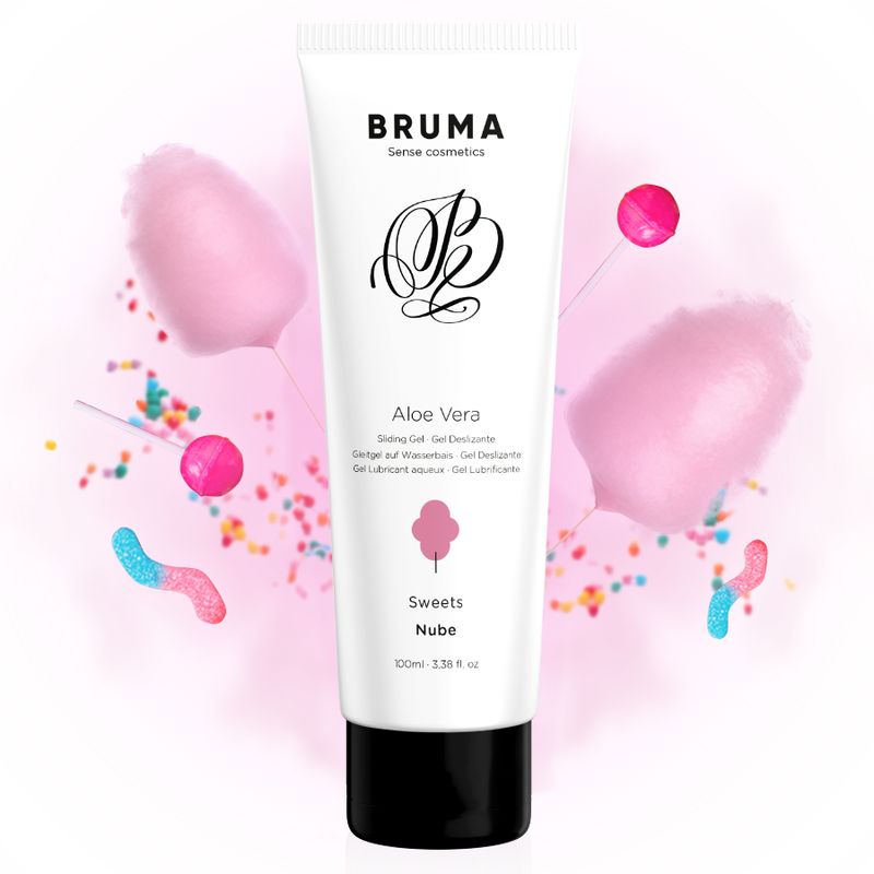 Weiße Tube mit schwarzem Deckel, Bruma Aloe Vera Sweets Nube Gleitgel, 100ml.