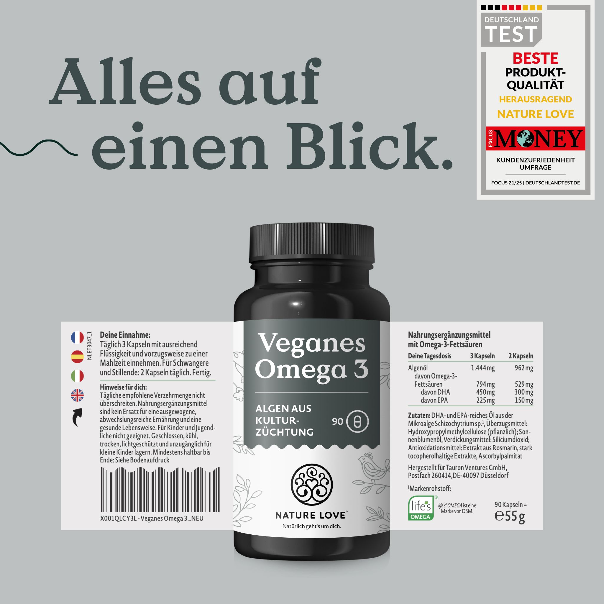 Flasche mit veganen Omega-3-Kapseln, Etiketten mit Nährwertangaben und Einnahmeempfehlung.