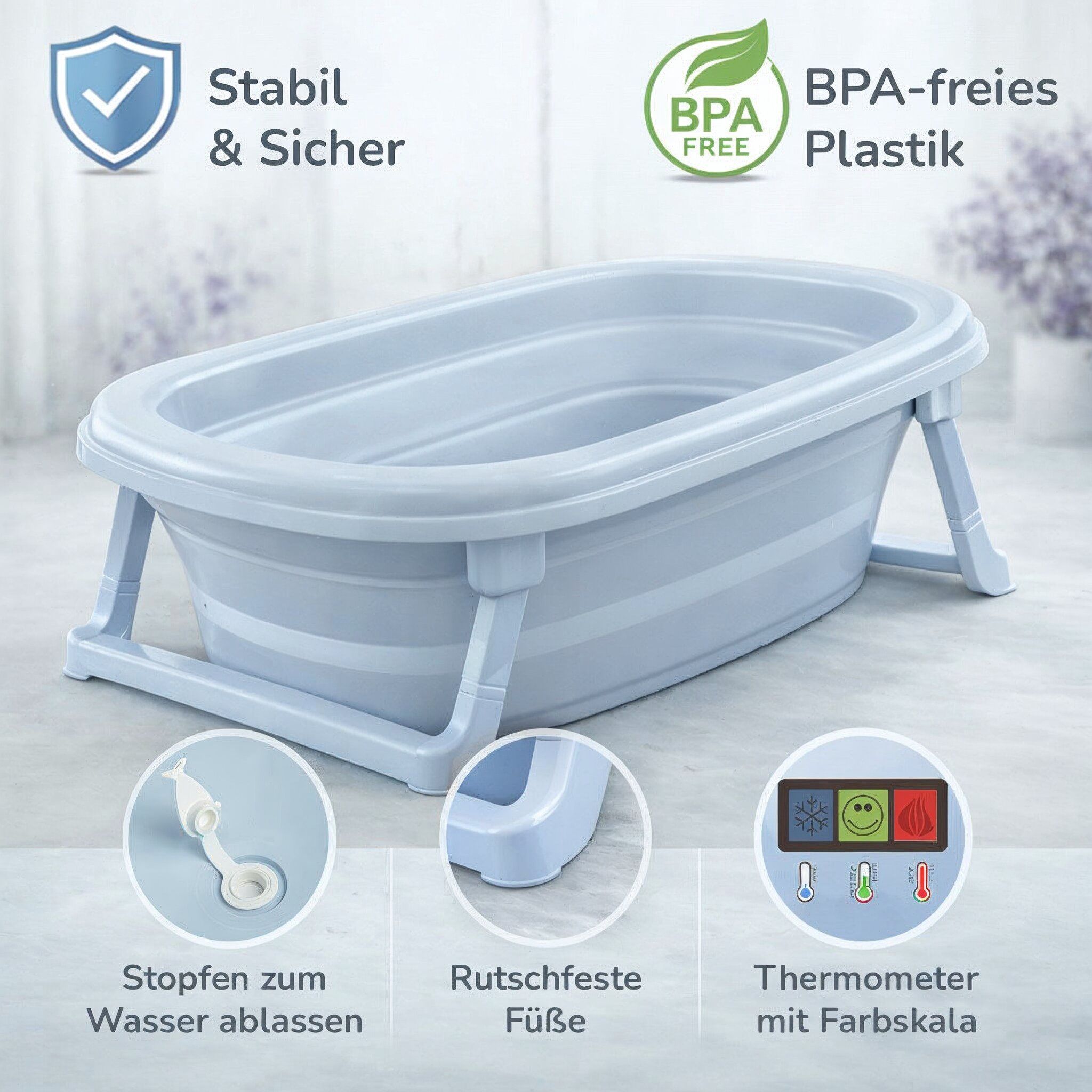 Faltbare Babybadewanne - Klappbare Baby Wanne mit integriertem Thermometer und Abfluss