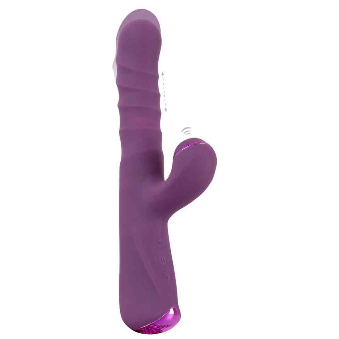 Lila Vibrator mit geriffelter Oberfläche und gebogenem Arm. Mit einer runden Spitze.