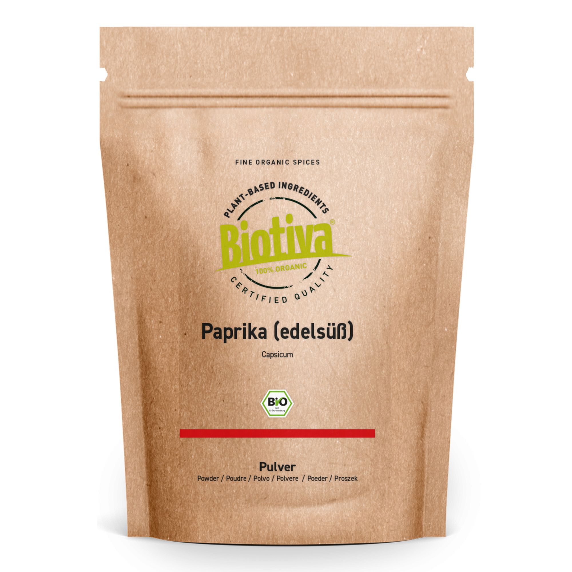 Biotiva Paprika edelsüß gemahlen Bio in brauner Papiertüte, Vorderseite mit Produktinformationen und Bio-Siegel.