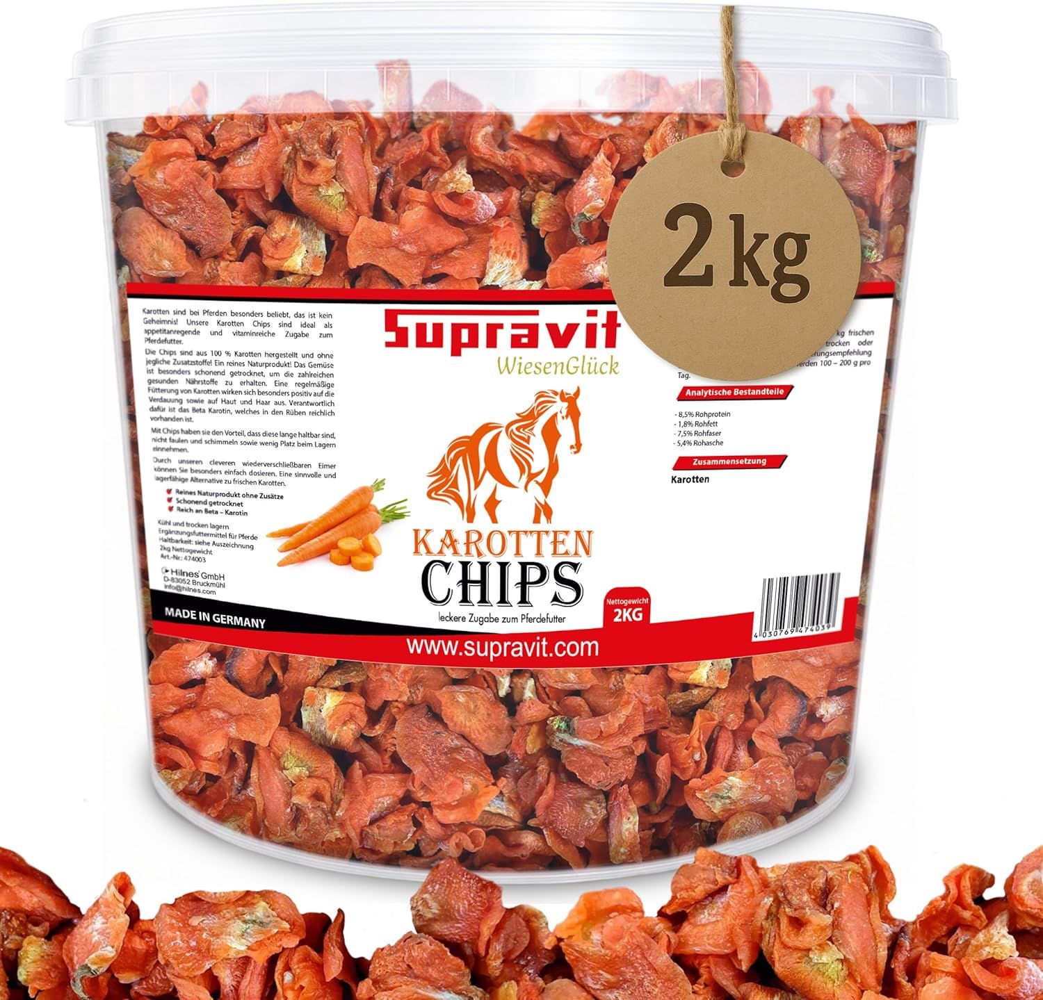 Eimer mit Karottenchips. Aufdruck: Supravit, Karotten Chips, 2kg. Mit Anhänger.