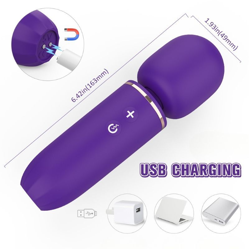 Lila Massagegerät mit USB-Ladeanschluss. Maße: 163mm lang, 49mm breit. Zubehör: Kabel, Adapter.