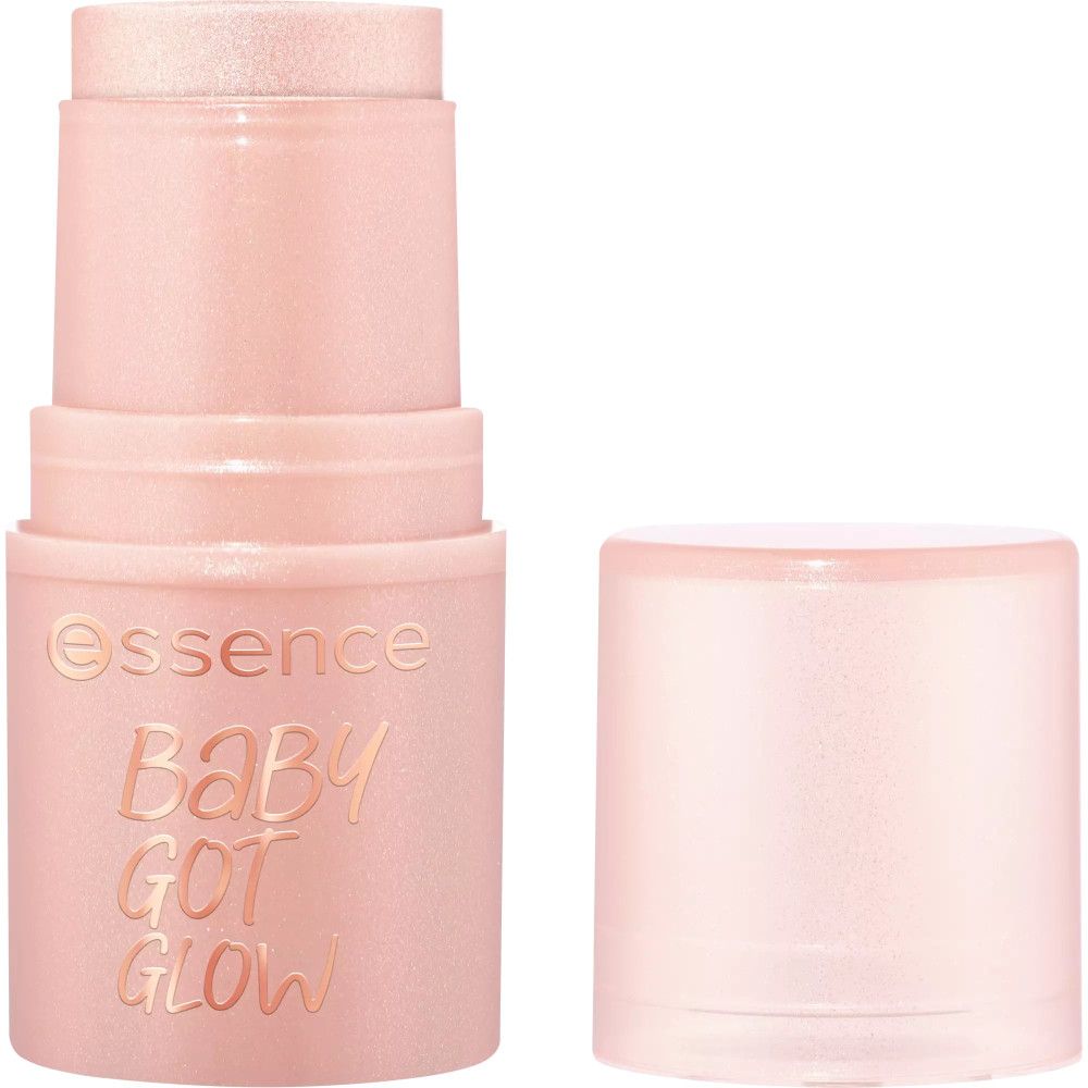 Essence Baby Got Glow Highlighter-Stift. Rosa Stift, Deckel daneben. Produktname und Marke sichtbar.