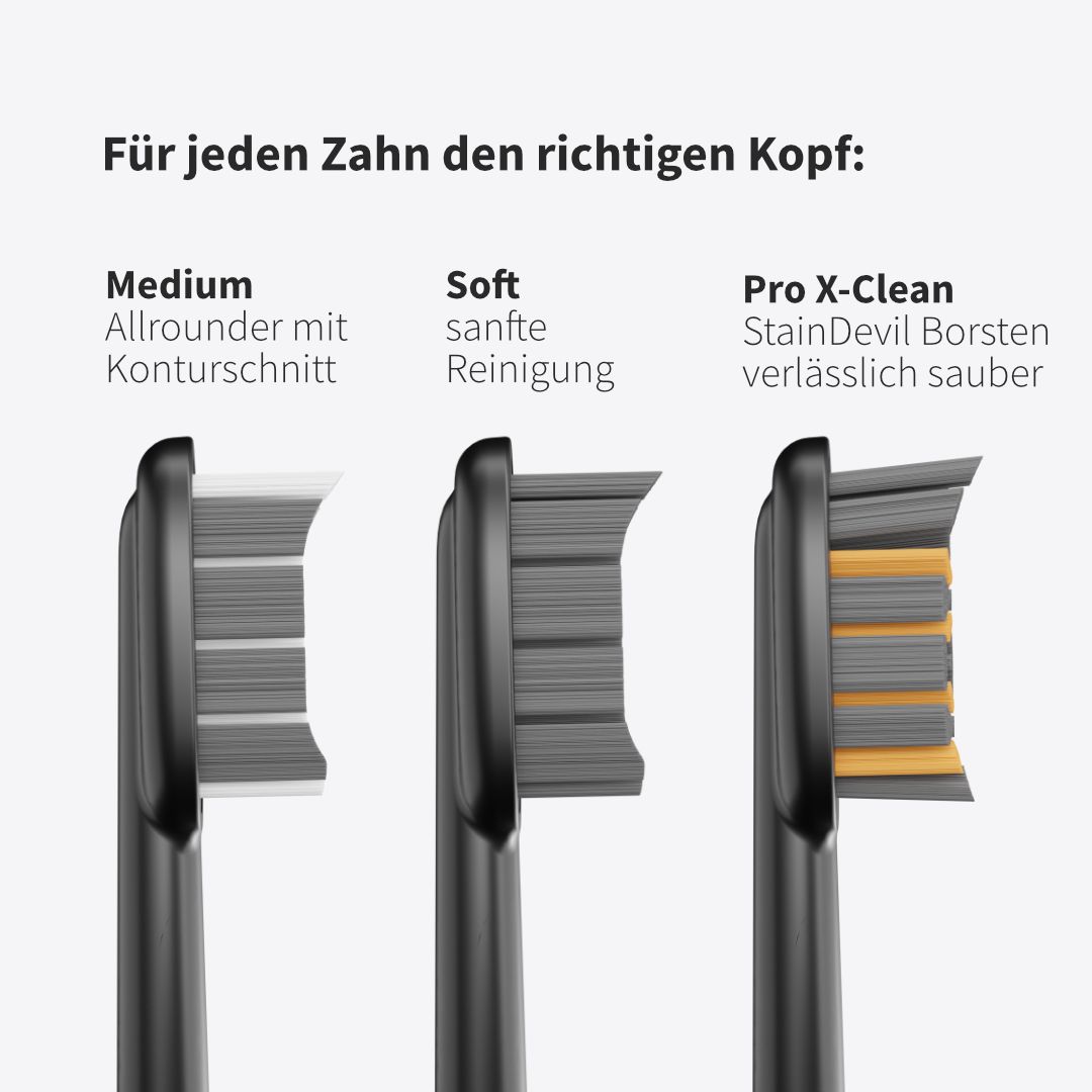 Drei verschiedene Bürstenköpfe für eine elektrische Zahnbürste. Text: Für jeden Zahn den richtigen Kopf: Medium, Soft, Pro X-Clean.