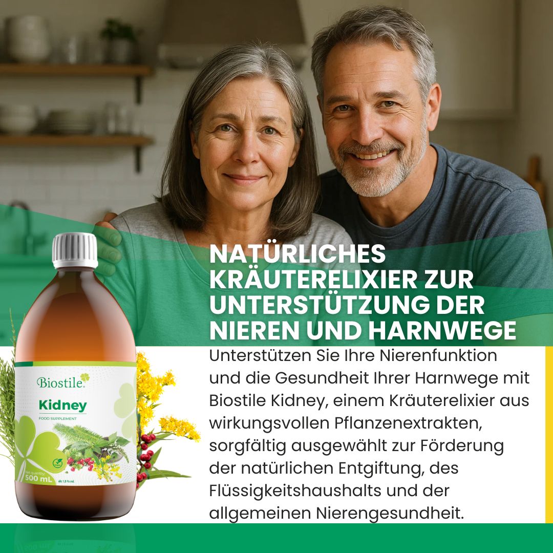 Älteres Paar mit Flasche 'Biostile Kidney'. Text: 'Natürliches Kräuterelixier zur Unterstützung der Nieren und Harnwege'.