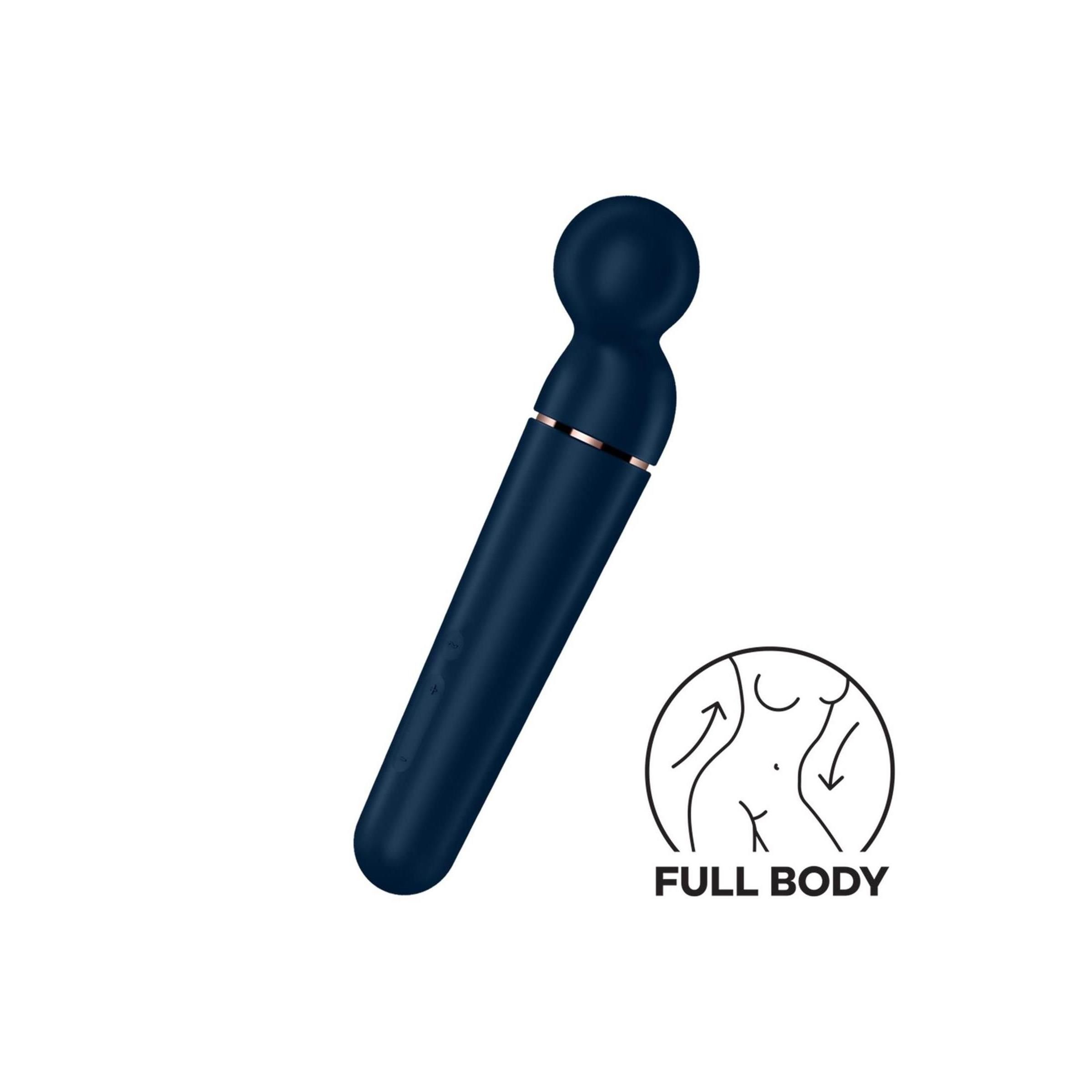 Dunkelblauer Vibrator mit rundem Kopf und zylindrischem Schaft. Goldfarbener Ring. Vollkörper-Symbol.