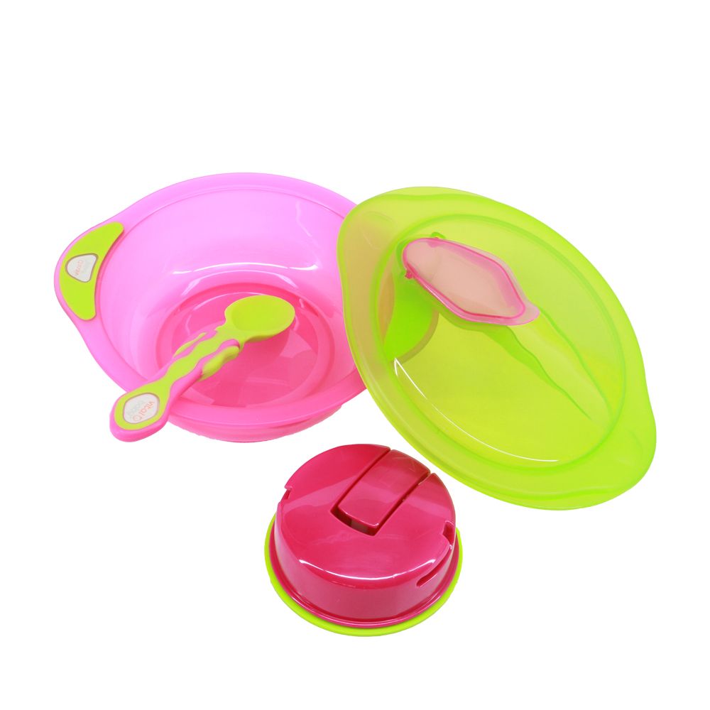 Rosa und grüne Babyschüssel mit Deckel und Löffel. Schüssel, Deckel mit Löffelhalterung, Löffel. Saugnapf.