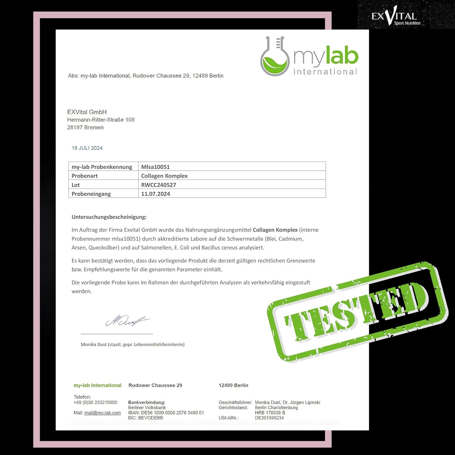 Laborbericht von mylab international für Collagen Komplex. Bestätigt die Analyse von Inhaltsstoffen. Mit Stempel 'TESTED'.