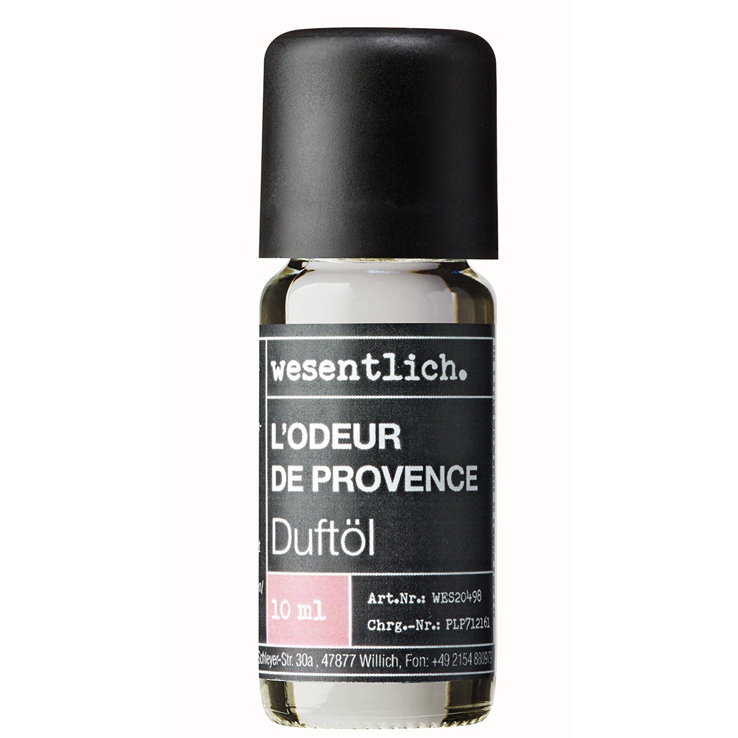 Kleine Glasflasche mit schwarzem Deckel. Etikett mit Text: wesentlich., L'ODEUR DE PROVENCE, Duftöl. 10 ml.