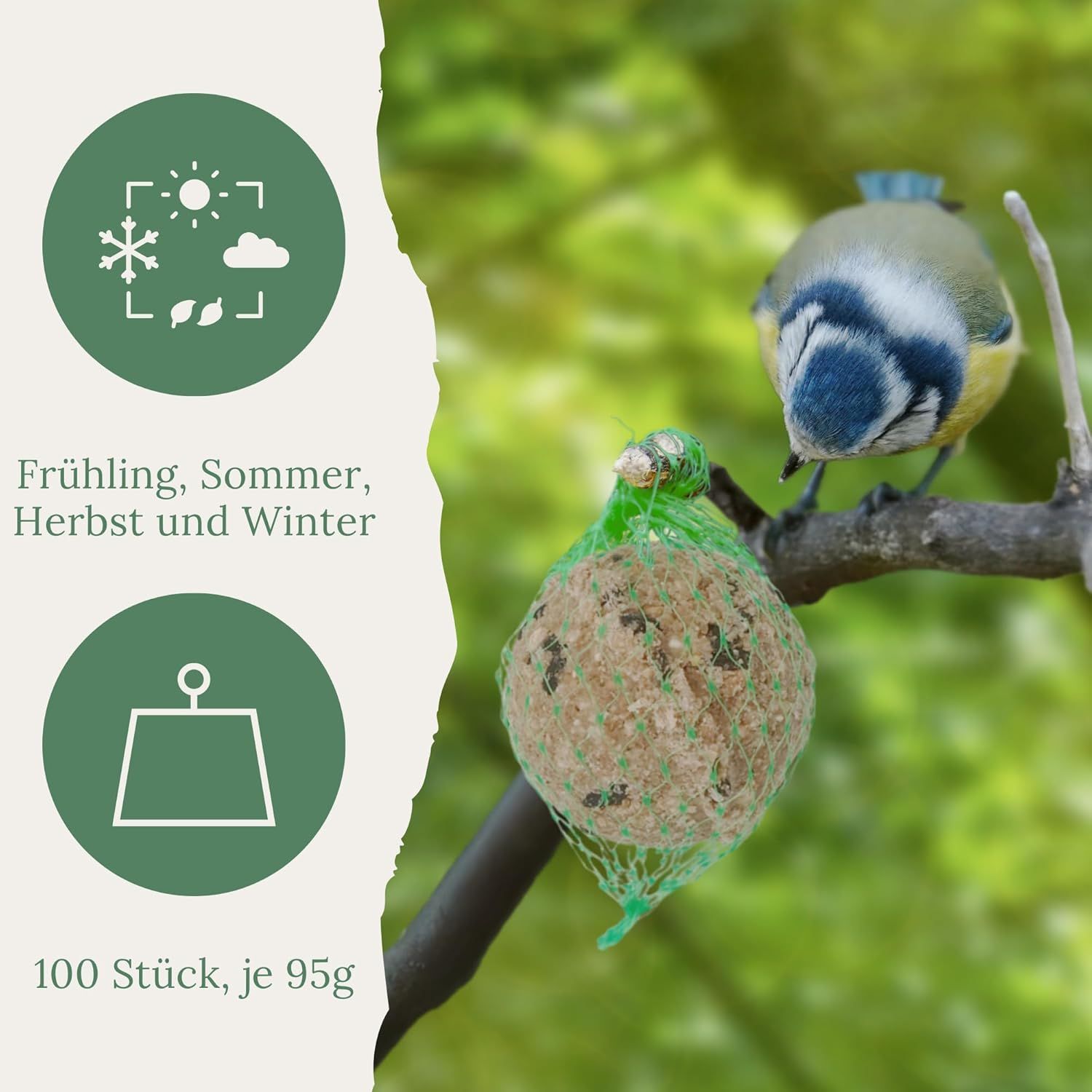 Blaumeise an einem Ast mit Meisenknödel im Netz. Symbole: Frühling, Sommer, Herbst, Winter, Gewicht. Text: 100 Stück, je 95g.